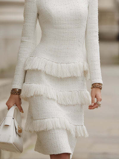 Sukienka Midi z Kości Słoniowej z Tweedu i Frędzlami