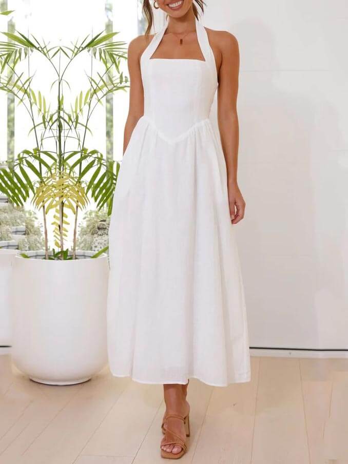 Czarna sukienka midi z wiązaniem na szyi i podkreśloną talią