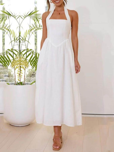 Czarna sukienka midi z wiązaniem na szyi i podkreśloną talią