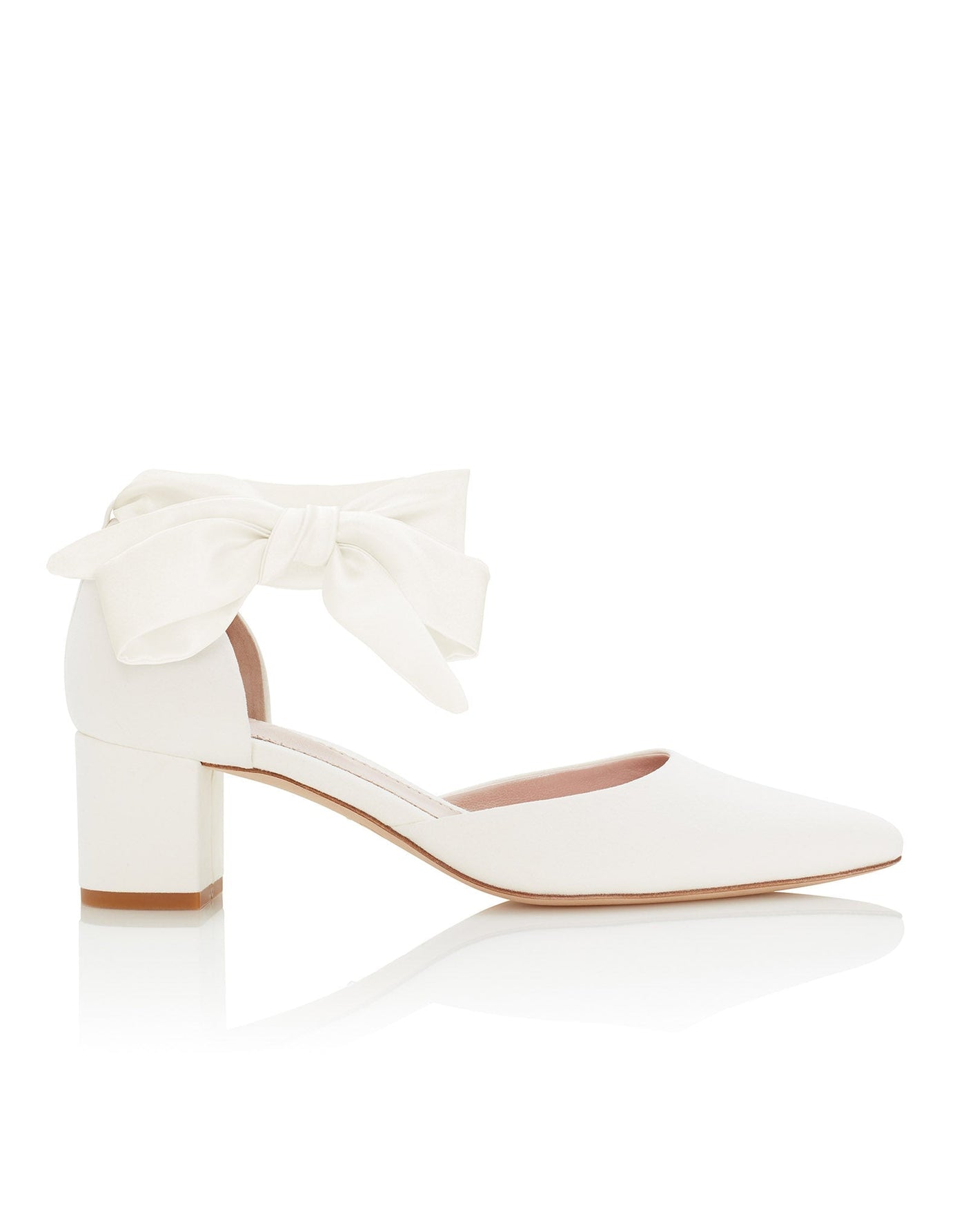 White leather block-heeled shoes with a pointed toe and a decorative bow at the ankle. The image is taken from a side angle, showcasing the shoe against a neutral background. The heel height is approximately 2.5 inches.