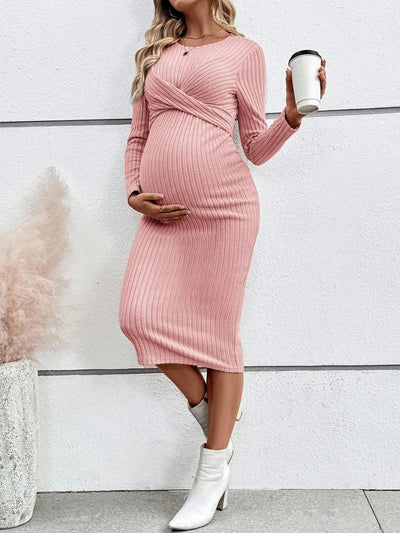 Prążkowana Sukienka Ciążowa z Wiązaniem