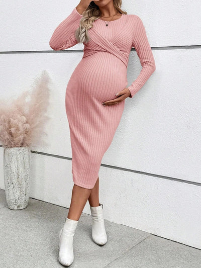 Prążkowana Sukienka Ciążowa z Wiązaniem