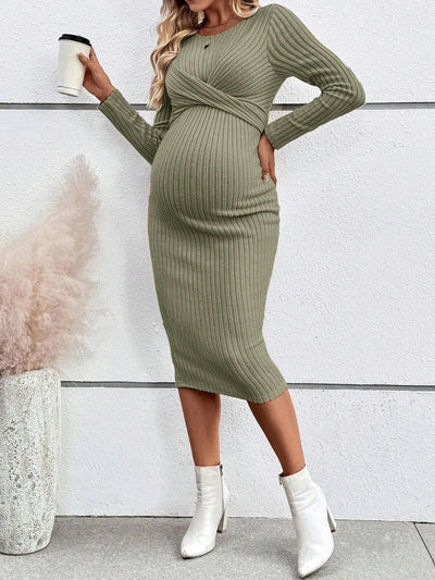 Prążkowana Sukienka Ciążowa z Wiązaniem