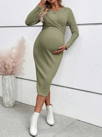 Prążkowana Sukienka Ciążowa z Wiązaniem