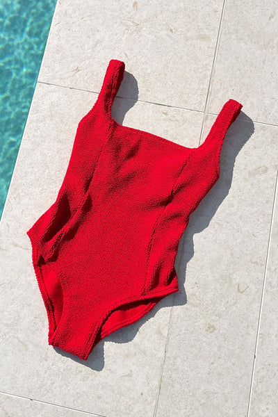 UNE PIECE-Crinkle Cut Square Neck One Piece RED